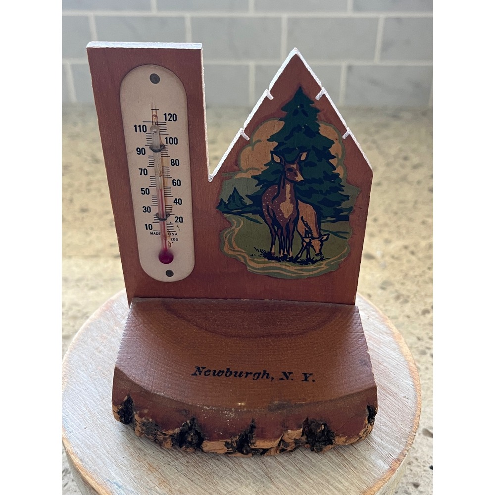 Vintage Newburgh NY Wood Souvenir Thermometer Deer Forest Rustic Cabin Decor